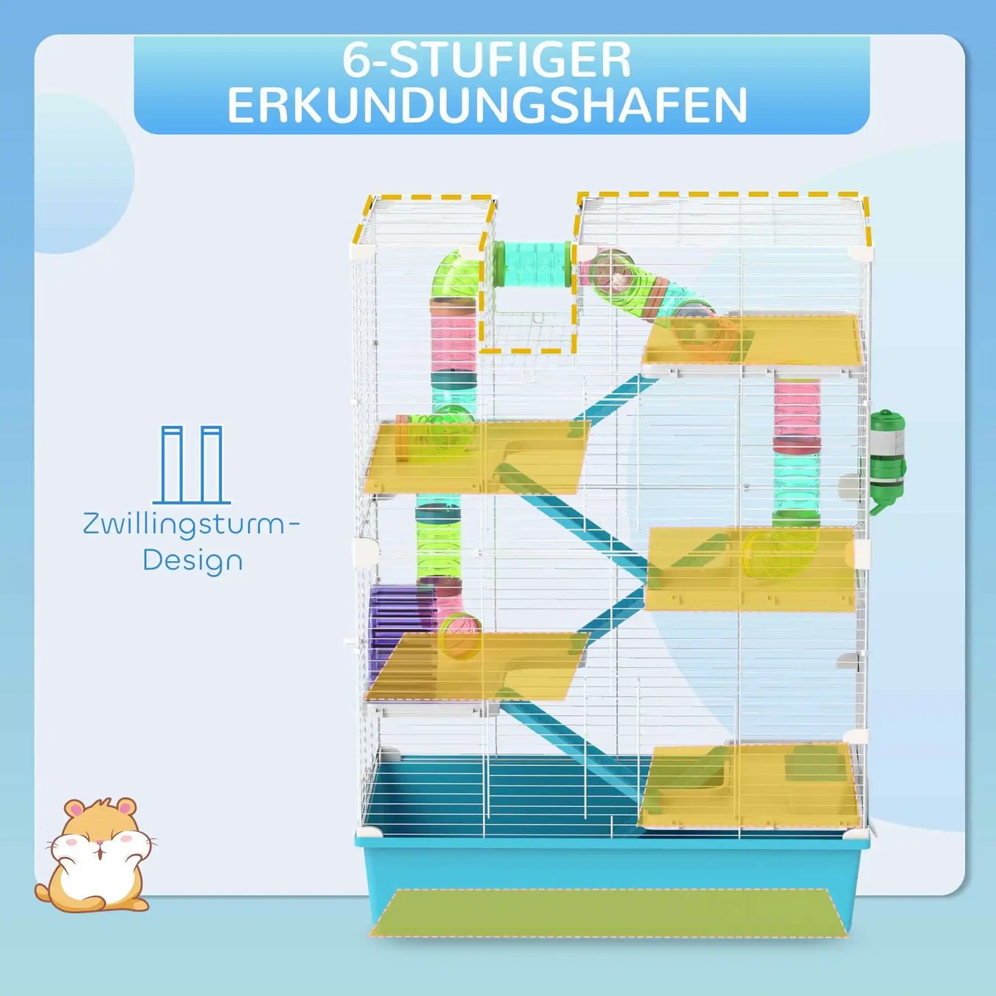 Hamster cage, 6-tier small animal cage with tunnel, hut, exercise wheel, food bowl, water bottle, ramp, 58 x 36 x 81 cm