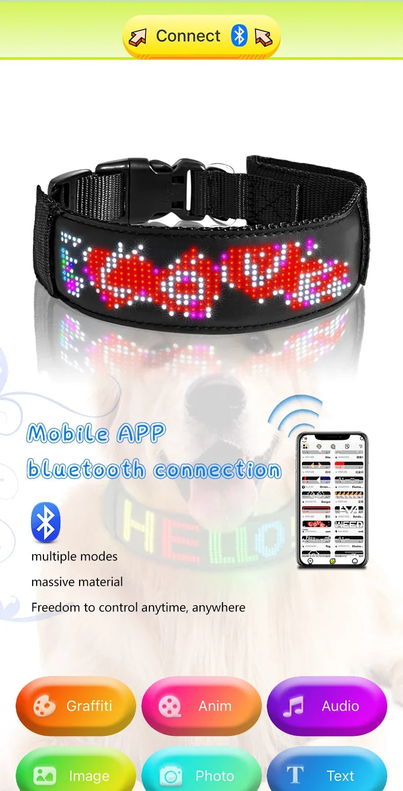 New Pet LED Dog Collars USB Rechargeable Multilingual Flashing Light Up Screen Dog Collar Safe Luminous Pet Necklace Adjustable