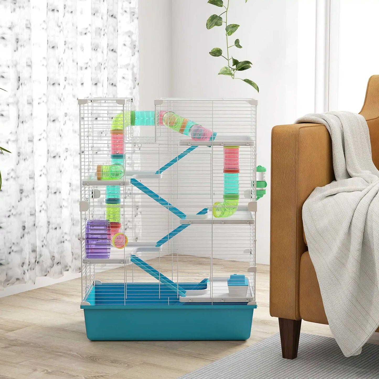 Hamster cage, 6-tier small animal cage with tunnel, hut, exercise wheel, food bowl, water bottle, ramp, 58 x 36 x 81 cm