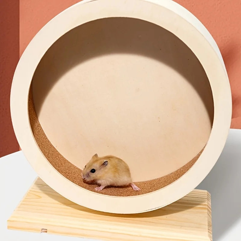 Wooden Silent Hamster Wheel with Stand Natural Wood Exercise Spinner for Chinchillas/Hedgehogs/Ferrets, Anti-Slip Non-Ejection