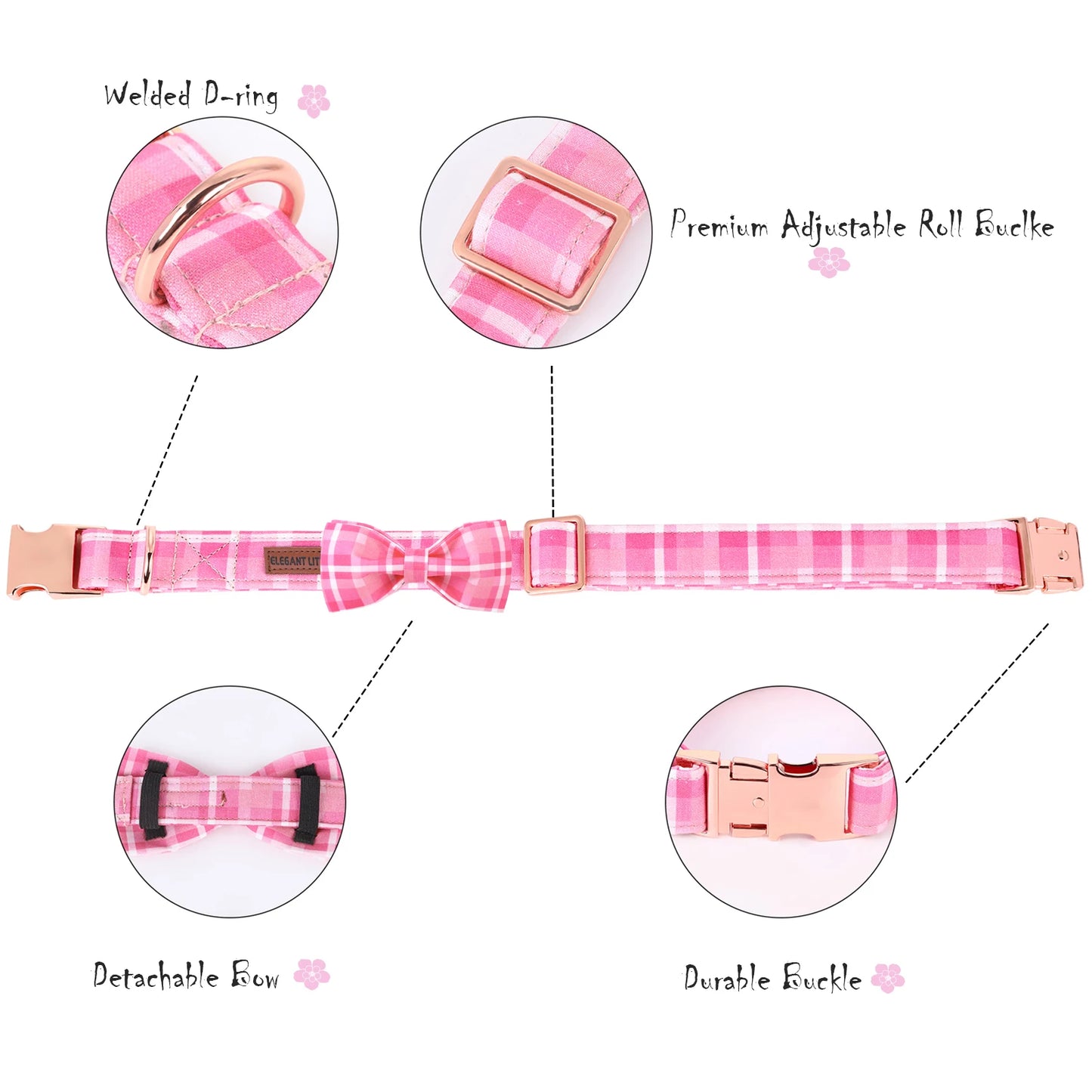 Elegant little tail Pink Plaid Dog Collar Adjustable Dog Collar with Bowtie Pet Gift Girl Collar for Dog Soft Bowtie Dog Collars
