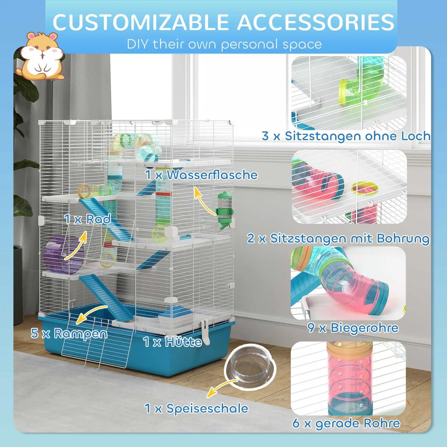 Hamster cage, 6-tier small animal cage with tunnel, hut, exercise wheel, food bowl, water bottle, ramp, 58 x 36 x 81 cm