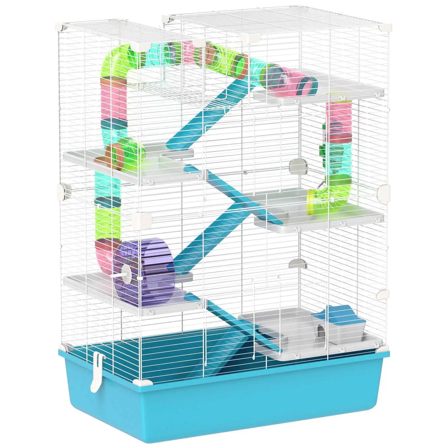 Hamster cage, 6-tier small animal cage with tunnel, hut, exercise wheel, food bowl, water bottle, ramp, 58 x 36 x 81 cm
