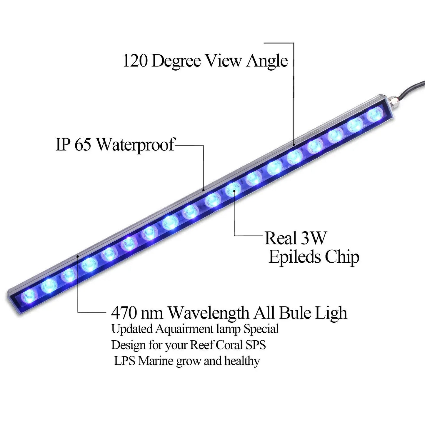 Populargrow 54W Led Aquarium Strip Bar Light with 470nm Blue Spectrum for Coral Reef Fish Tank