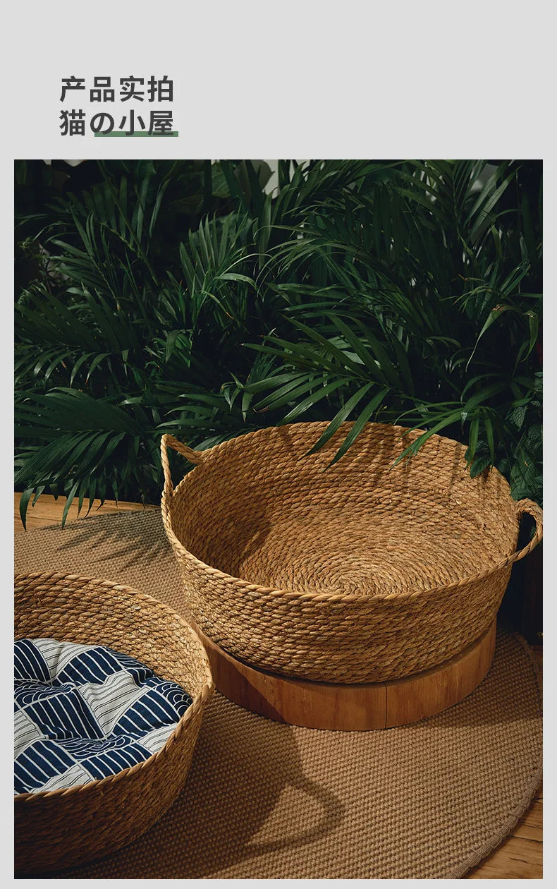 Pure Manual Cat Bed House Rattan Woven Four Seasons Nest Cat Scratch Board General Dandelion Woven Cool Pet Home Cat Accessories