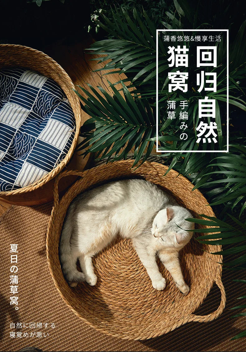 Pure Manual Cat Bed House Rattan Woven Four Seasons Nest Cat Scratch Board General Dandelion Woven Cool Pet Home Cat Accessories