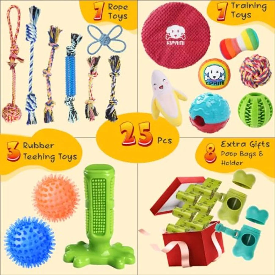 25 Pack Various Puppy Dog Toys for Teething Entertainment Interaction Puppy Chew Toys Pack with Rope Toy Treat Balls and Dog Sq
