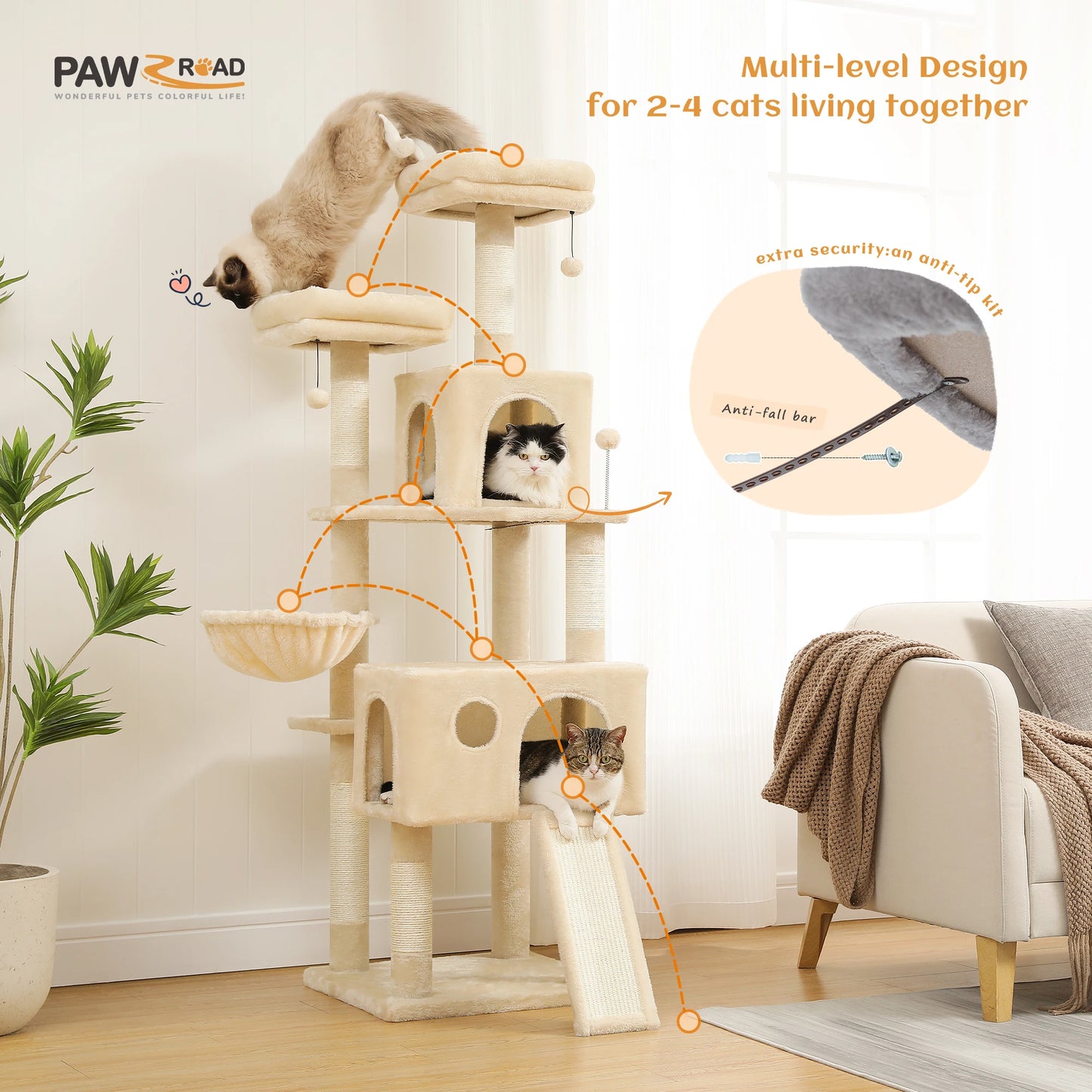 Large Cat Tree for Indoor Cats, Multi-Level Cat Tower with Scratching Posts, Padded Perches, Plush Cat Condo, Cat Accessories