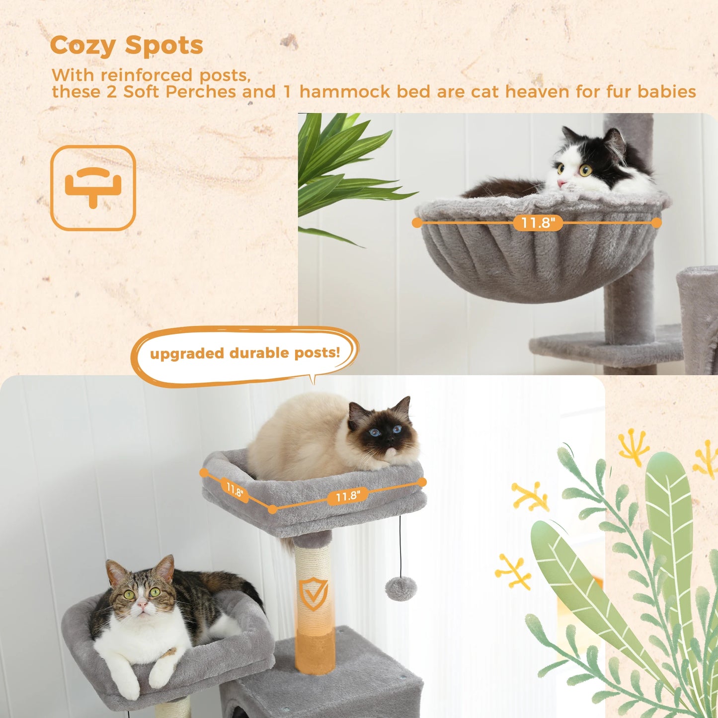 Large Cat Tree for Indoor Cats, Multi-Level Cat Tower with Scratching Posts, Padded Perches, Plush Cat Condo, Cat Accessories