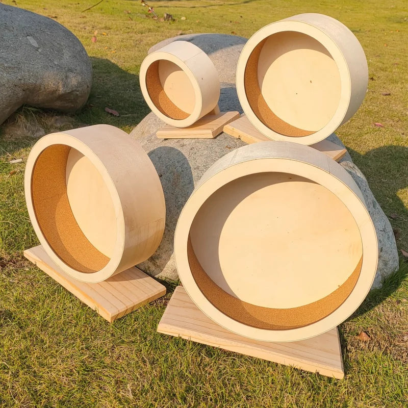 Wooden Silent Hamster Wheel with Stand Natural Wood Exercise Spinner for Chinchillas/Hedgehogs/Ferrets, Anti-Slip Non-Ejection