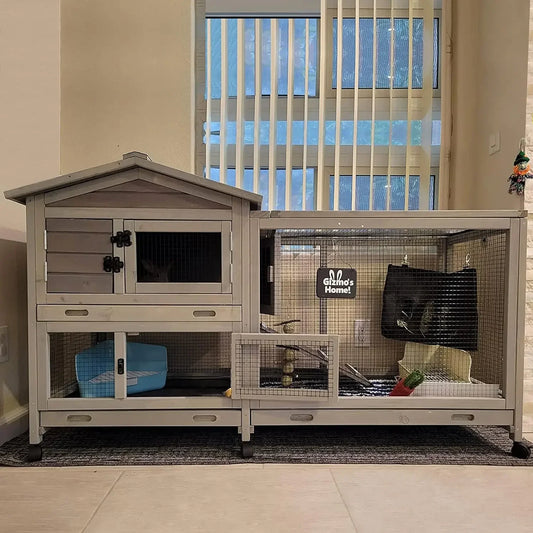Bunny Cage Indoor and Outdoor Rabbit Hutch with Casters Waterproof Roof, Pull Out Tray from Back and Front