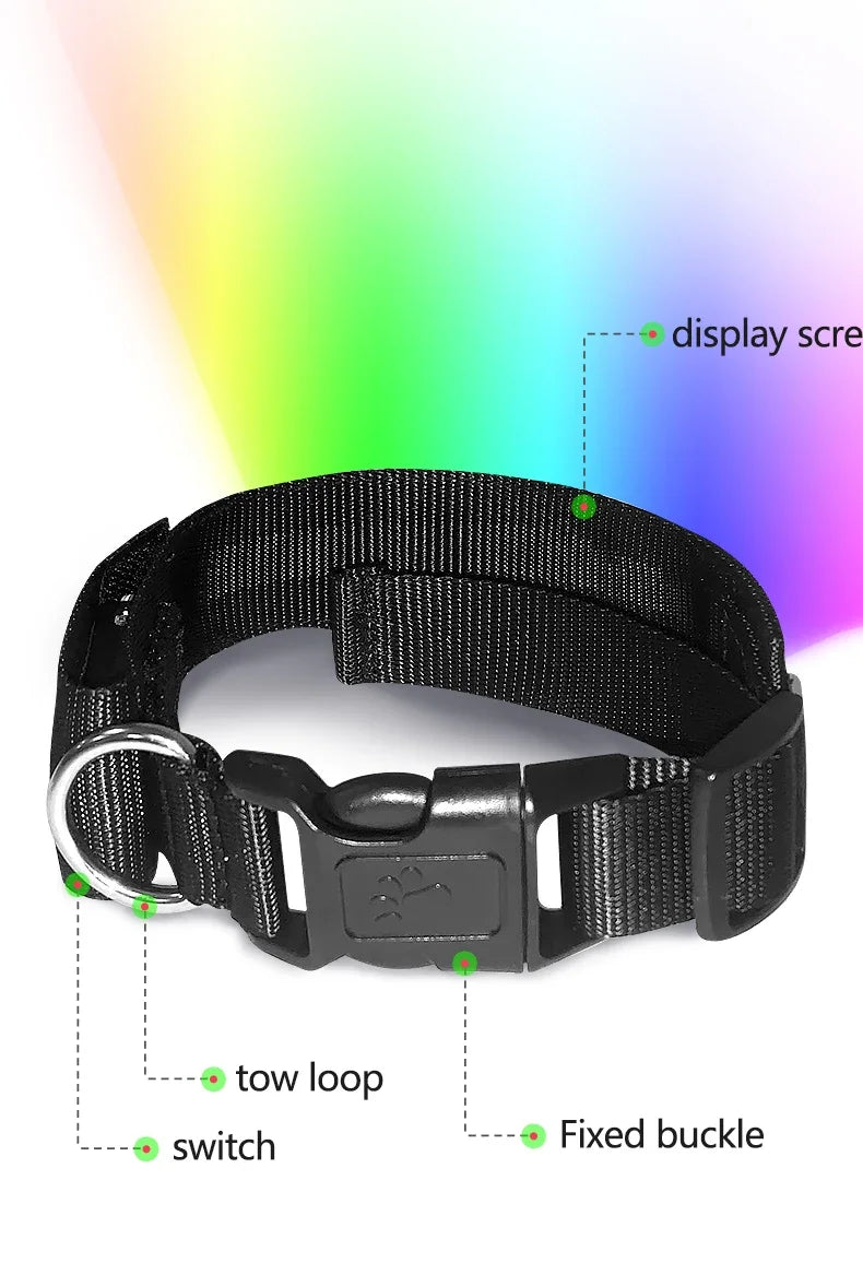 New Pet LED Dog Collars USB Rechargeable Multilingual Flashing Light Up Screen Dog Collar Safe Luminous Pet Necklace Adjustable