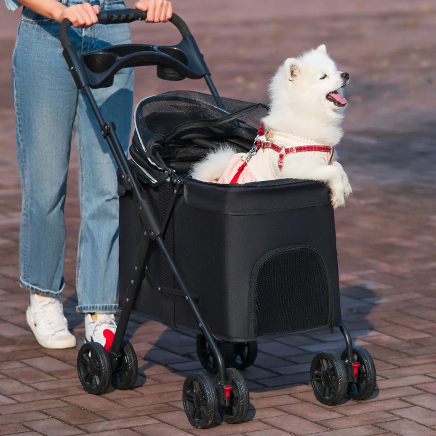 Pet Stroller One Click Folding Cat Stroller 4 Wheels Dog Wagon with Sun Shades and Cup Holder for Travel