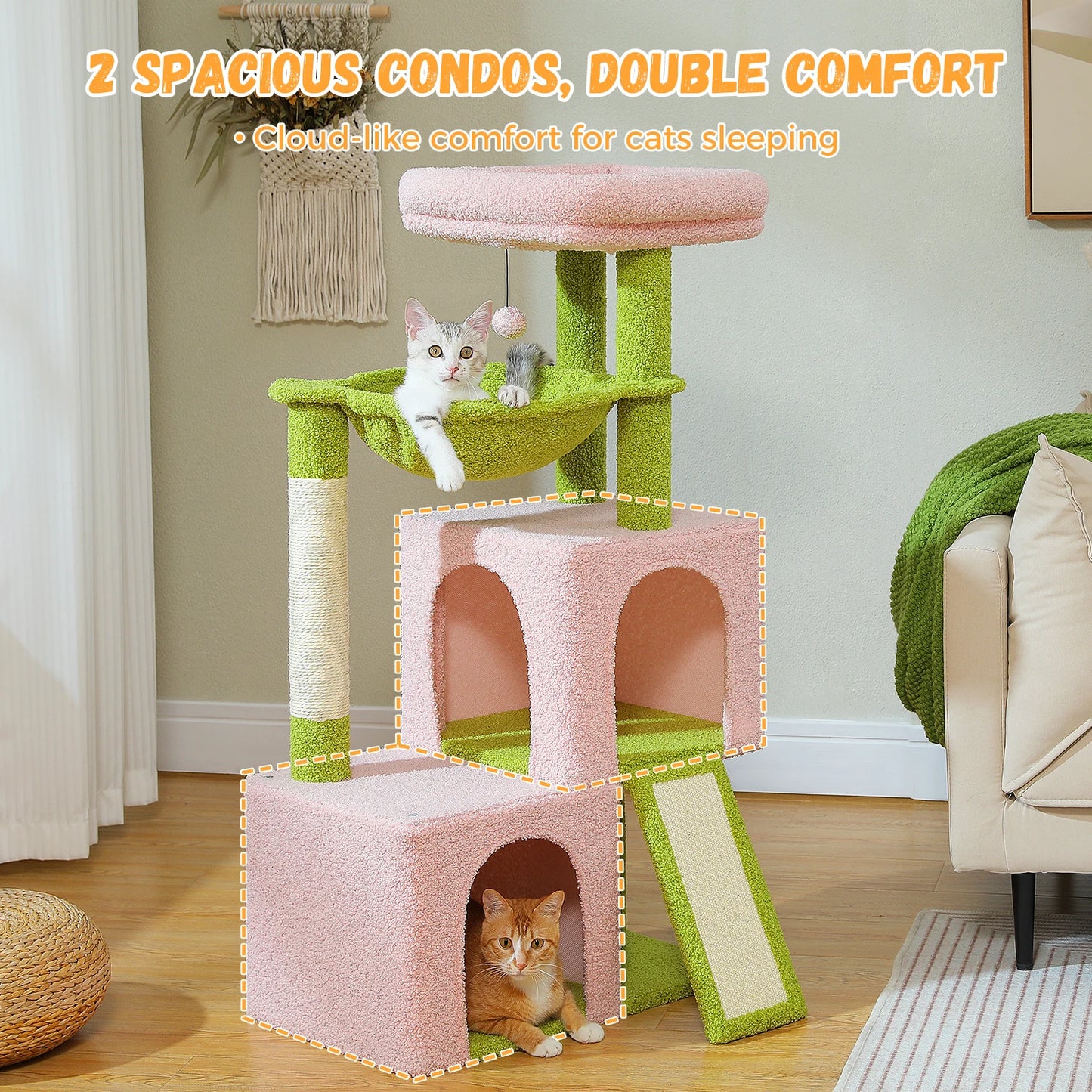 Large Cat Tree for Indoor Cats, Multi-Level Cat Tower with Sisal Scratching Post, 2 Spacious Condos, Cat Scratching Pad, Cat Toys