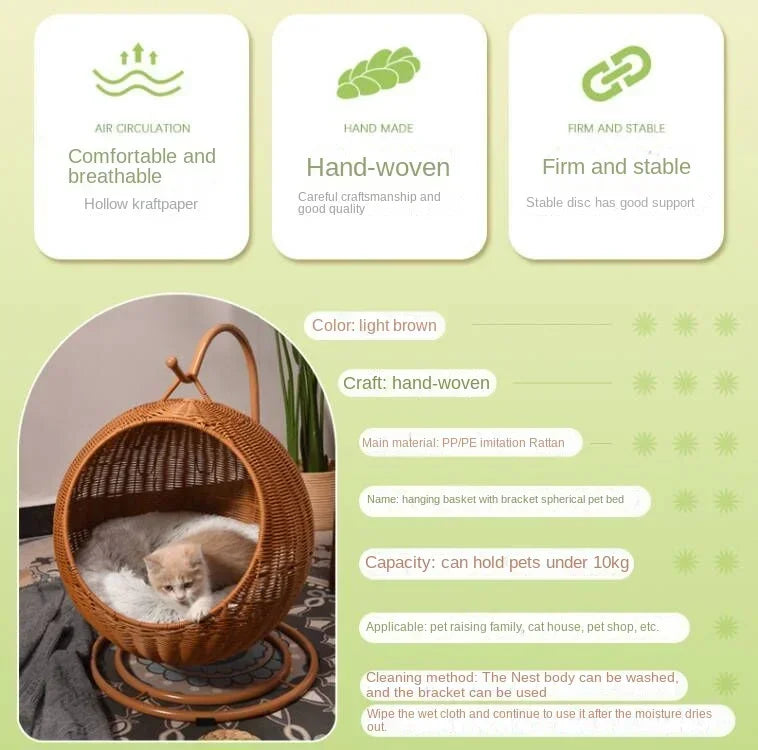 Semi-enclosed Pet Hammock Hanging Cat Nest Round Rattan Cat Cage Cat Bed with Plush Cushion Pet Cradle Bed Cat Accessories