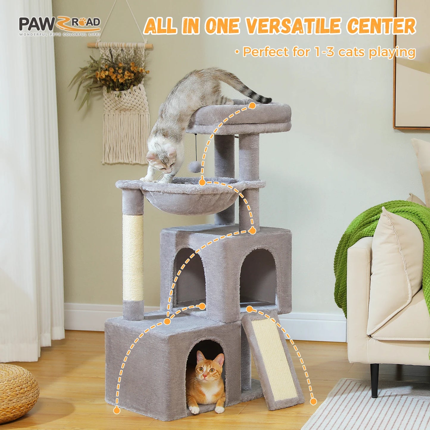 Large Cat Tree for Indoor Cats, Multi-Level Cat Tower with Sisal Scratching Post, 2 Spacious Condos, Cat Scratching Pad, Cat Toys