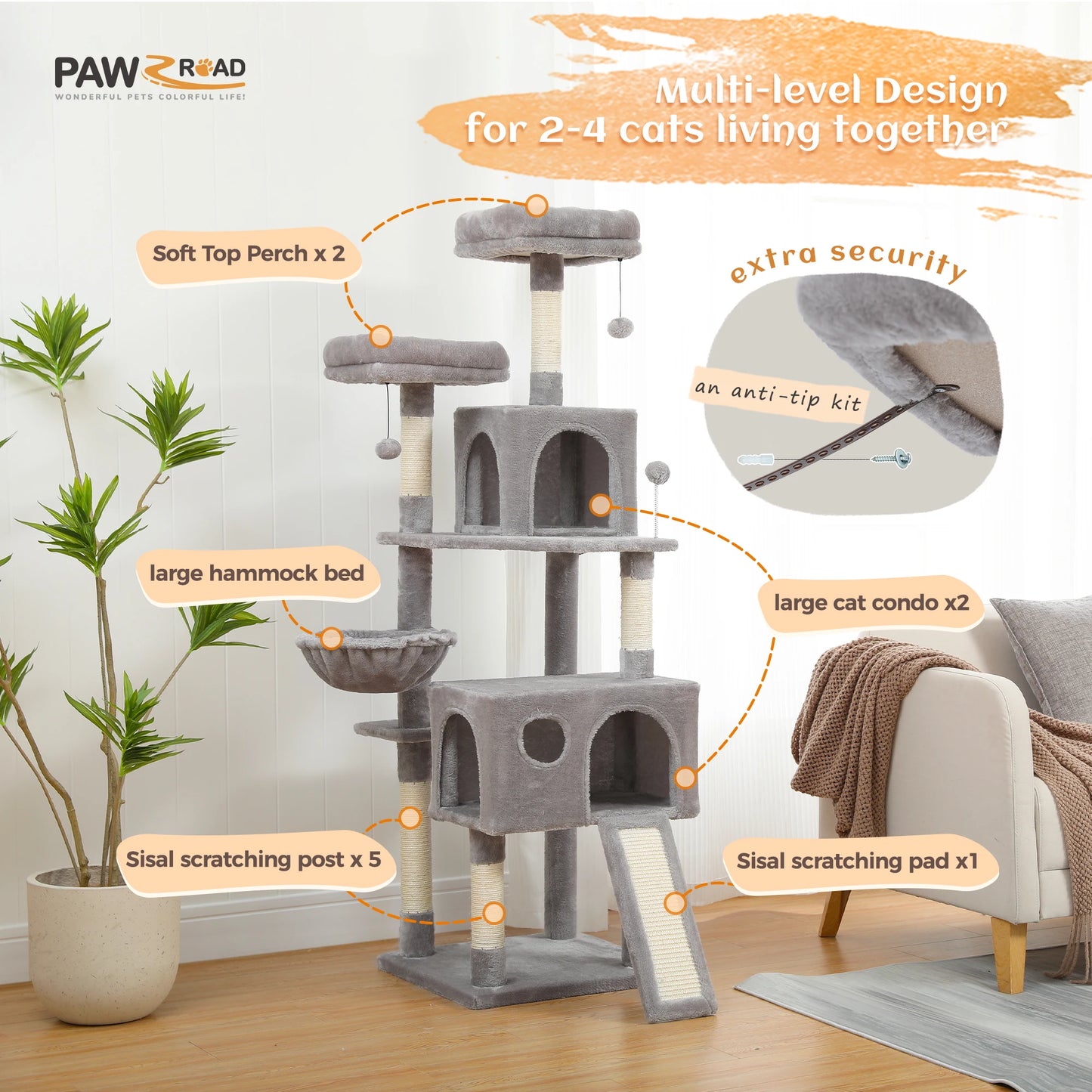 Large Cat Tree for Indoor Cats, Multi-Level Cat Tower with Scratching Posts, Padded Perches, Plush Cat Condo, Cat Accessories