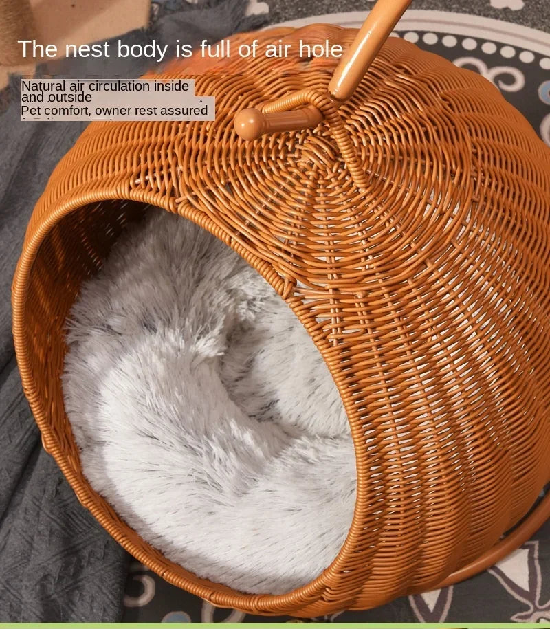 Semi-enclosed Pet Hammock Hanging Cat Nest Round Rattan Cat Cage Cat Bed with Plush Cushion Pet Cradle Bed Cat Accessories
