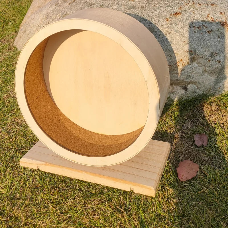 Wooden Silent Hamster Wheel with Stand Natural Wood Exercise Spinner for Chinchillas/Hedgehogs/Ferrets, Anti-Slip Non-Ejection
