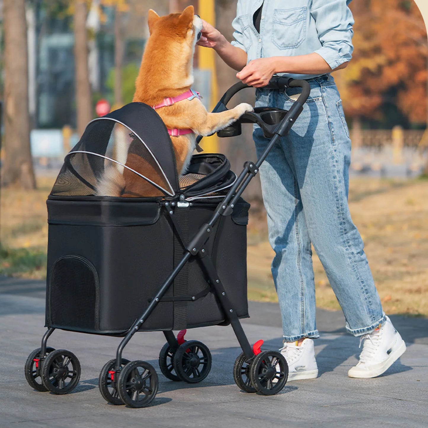 Pet Stroller One Click Folding Cat Stroller 4 Wheels Dog Wagon with Sun Shades and Cup Holder for Travel