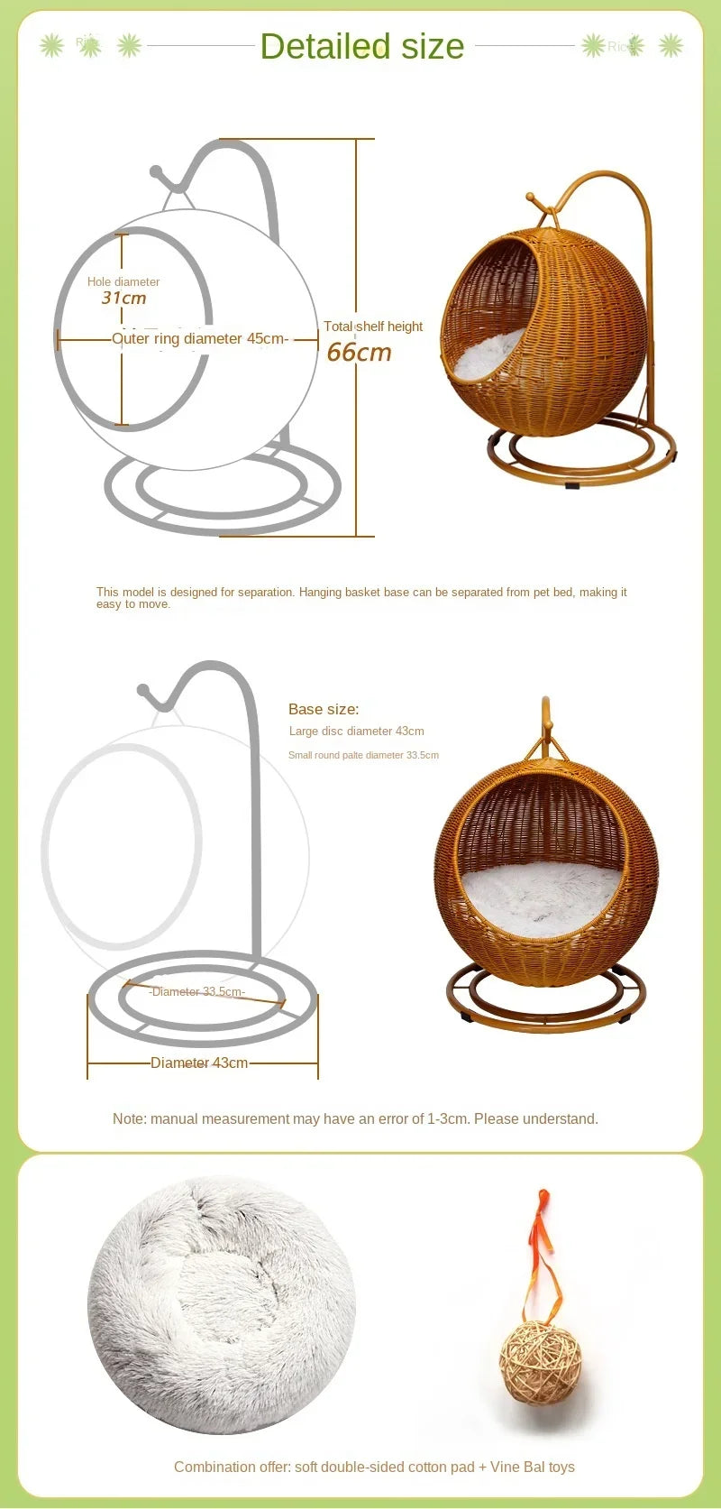 Semi-enclosed Pet Hammock Hanging Cat Nest Round Rattan Cat Cage Cat Bed with Plush Cushion Pet Cradle Bed Cat Accessories