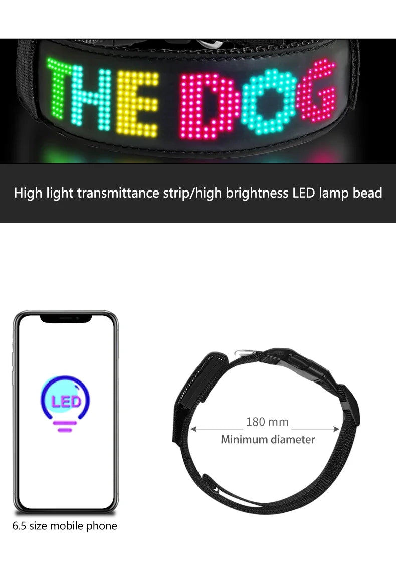 New Pet LED Dog Collars USB Rechargeable Multilingual Flashing Light Up Screen Dog Collar Safe Luminous Pet Necklace Adjustable
