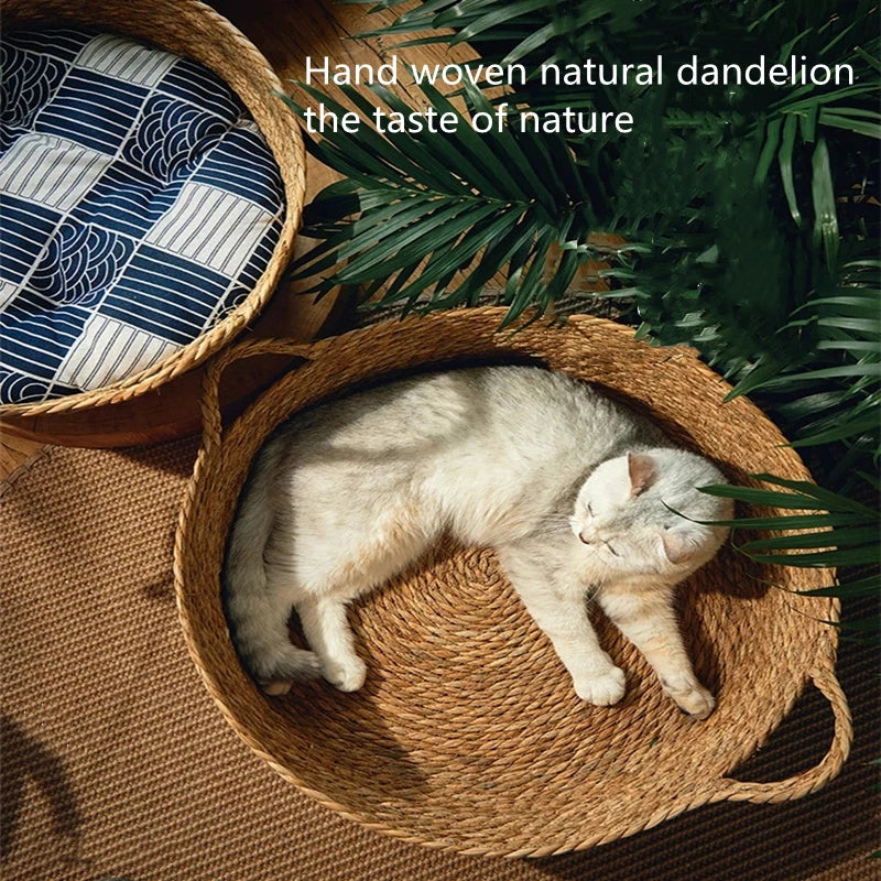 Pure Manual Cat Bed House Rattan Woven Four Seasons Nest Cat Scratch Board General Dandelion Woven Cool Pet Home Cat Accessories
