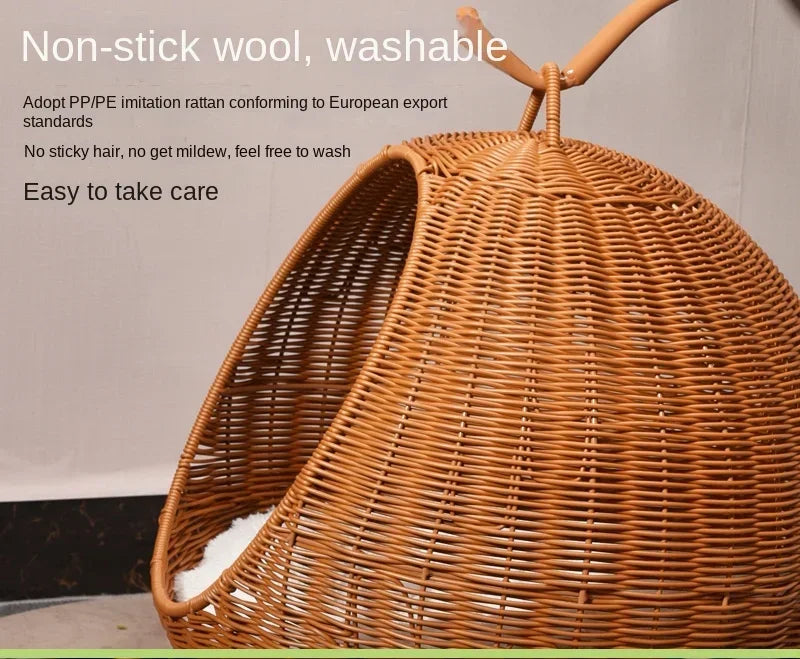 Semi-enclosed Pet Hammock Hanging Cat Nest Round Rattan Cat Cage Cat Bed with Plush Cushion Pet Cradle Bed Cat Accessories