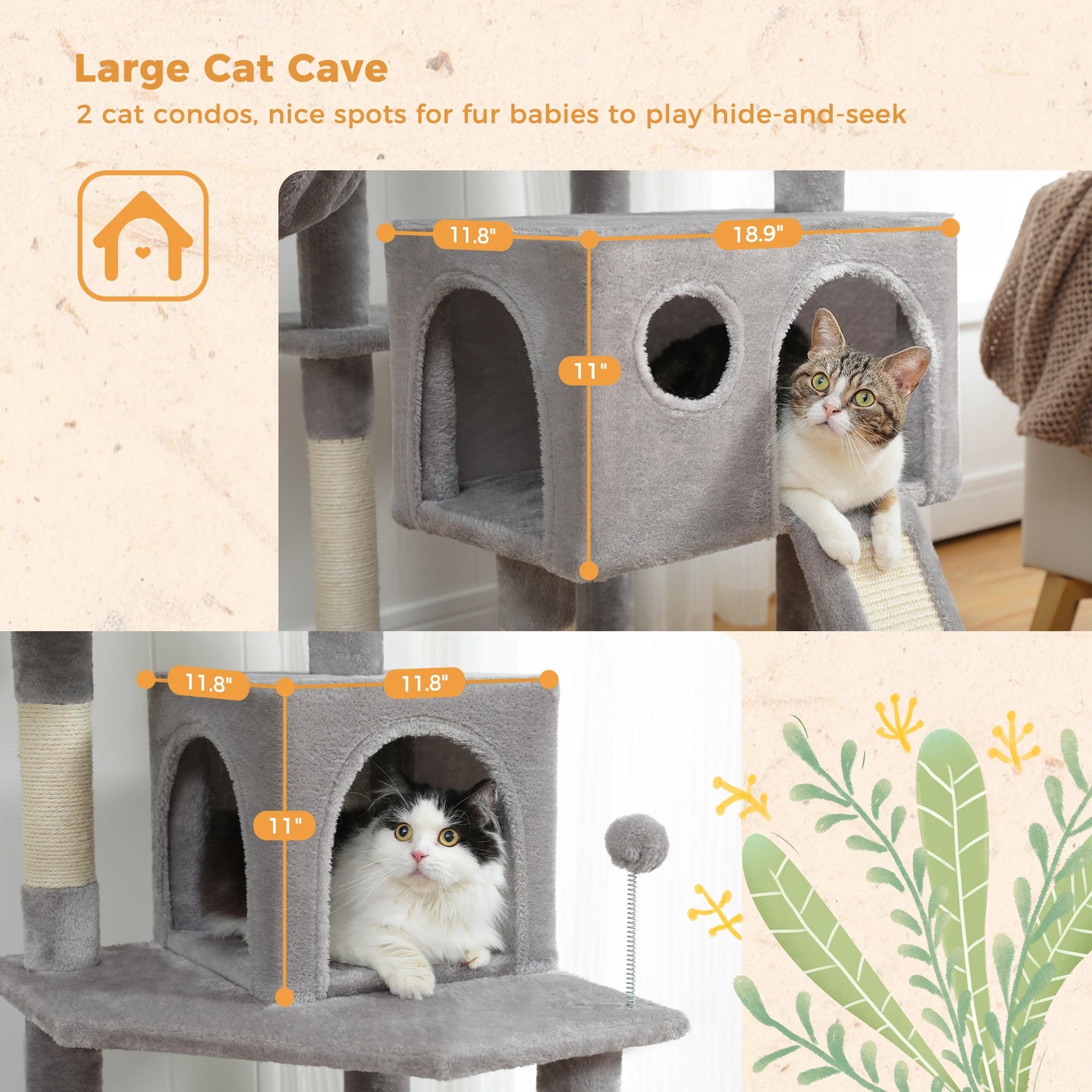 Large Cat Tree for Indoor Cats, Multi-Level Cat Tower with Scratching Posts, Padded Perches, Plush Cat Condo, Cat Accessories