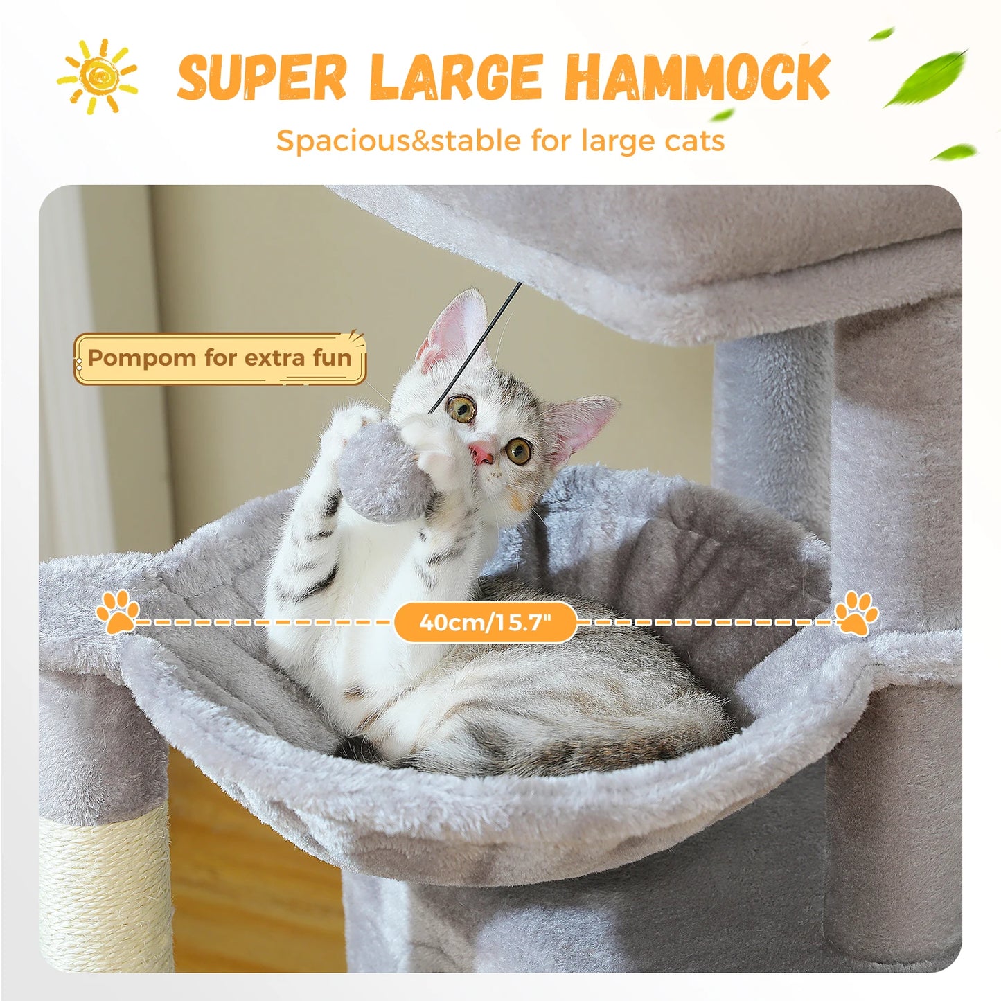 Large Cat Tree for Indoor Cats, Multi-Level Cat Tower with Sisal Scratching Post, 2 Spacious Condos, Cat Scratching Pad, Cat Toys