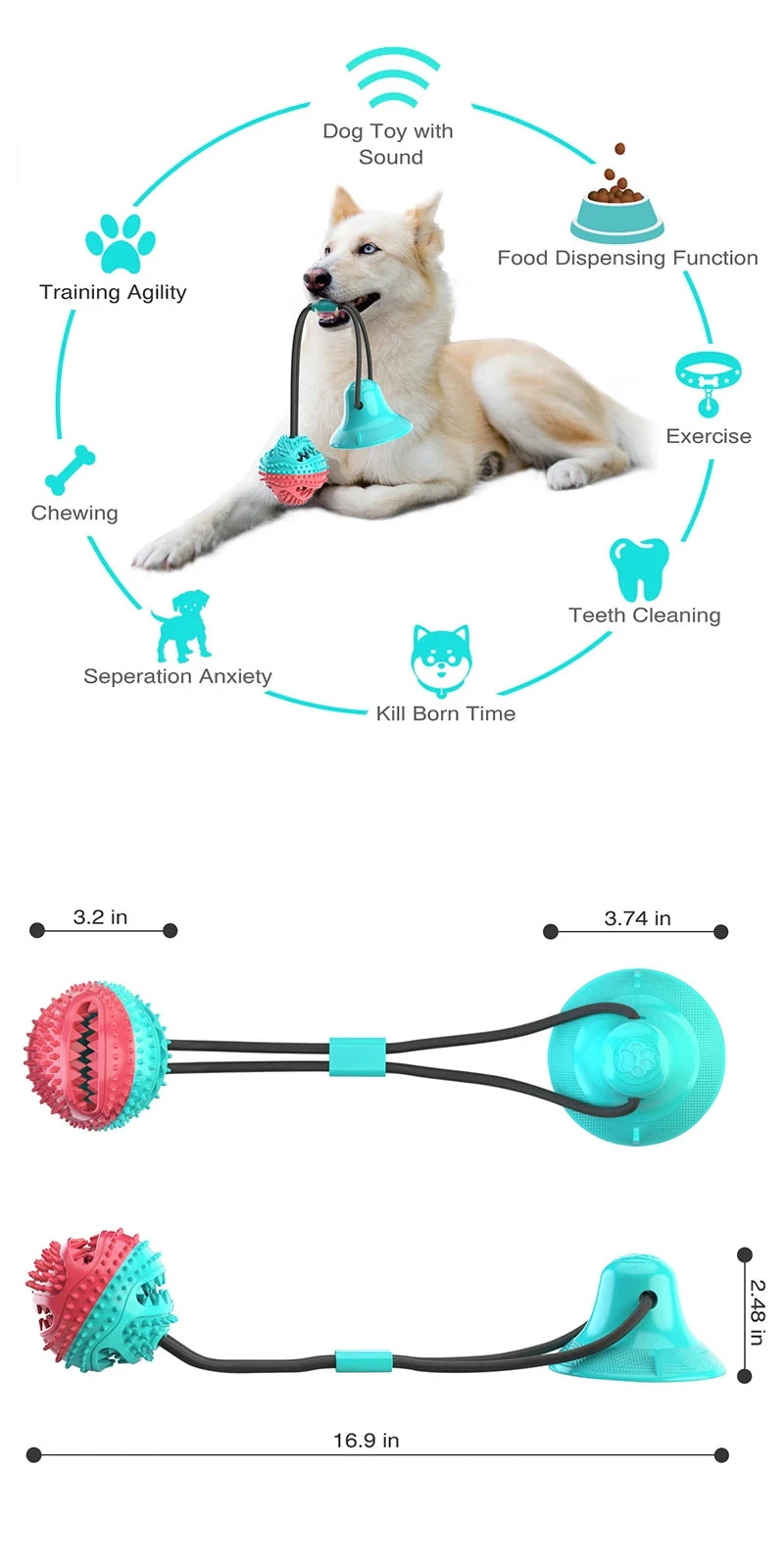 Large Dog Ball Toys Suction Cup Ropes Interactive Leaking Slow Feeder Chew Toy Teether
