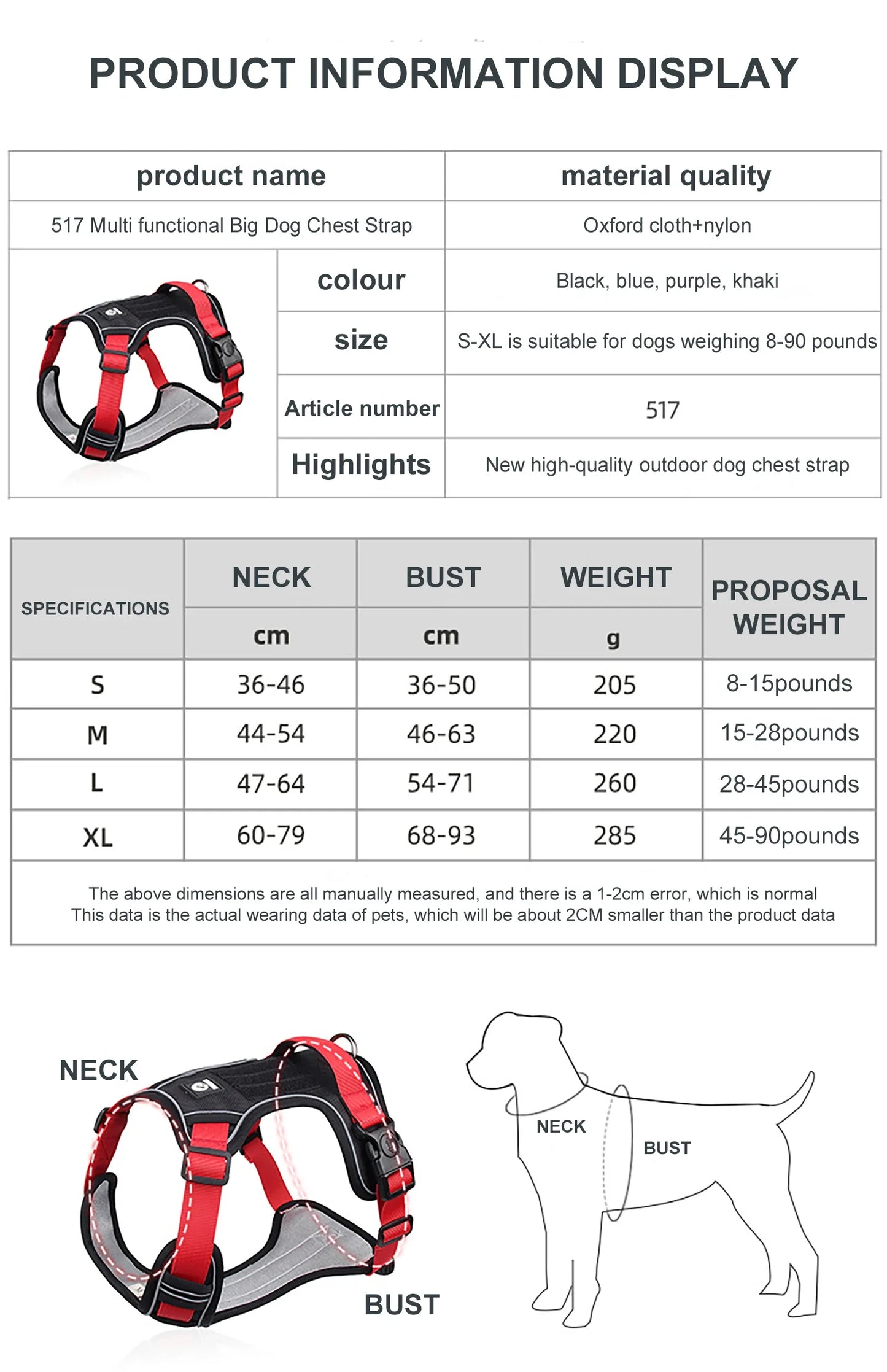 Dog Harness Reflective Dog Collars Harness Midium/Large Dogs Vests 1680D Waterproof Oxford Cloth Dog Harnesses Pet Accessoires