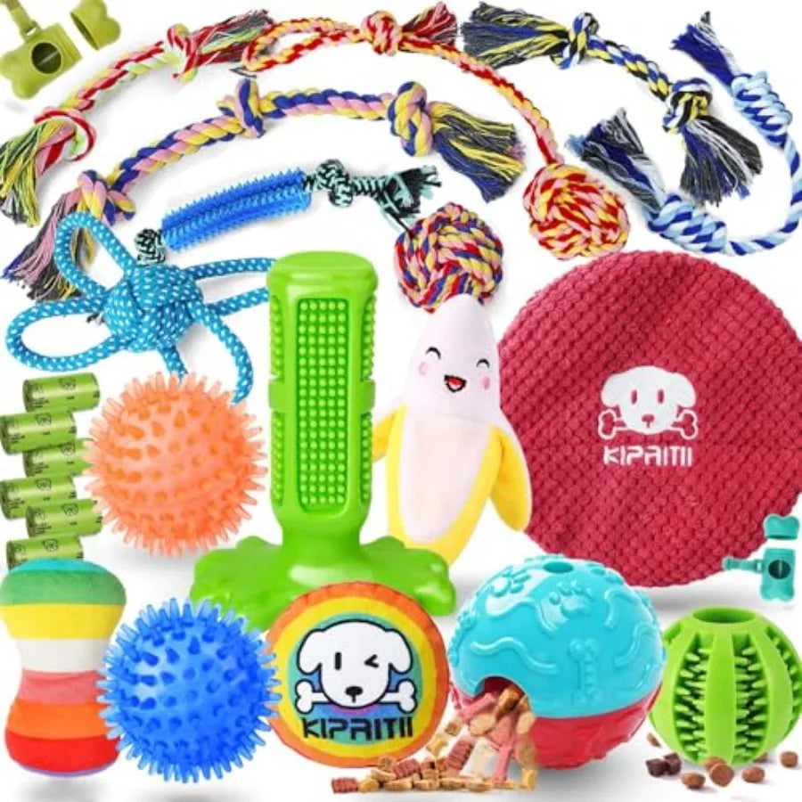 25 Pack Various Puppy Dog Toys for Teething Entertainment Interaction Puppy Chew Toys Pack with Rope Toy Treat Balls and Dog Sq
