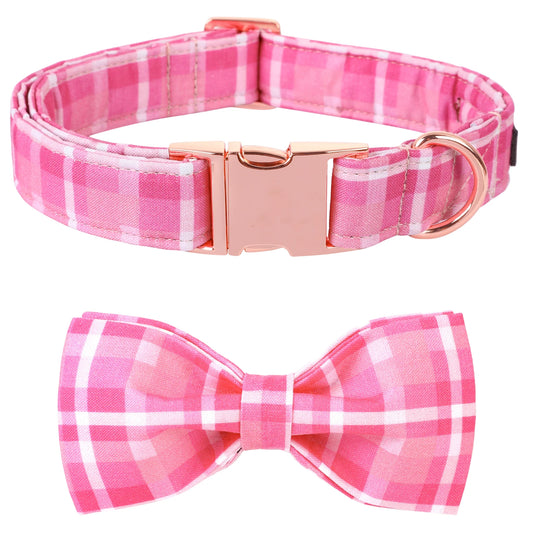 Elegant little tail Pink Plaid Dog Collar Adjustable Dog Collar with Bowtie Pet Gift Girl Collar for Dog Soft Bowtie Dog Collars