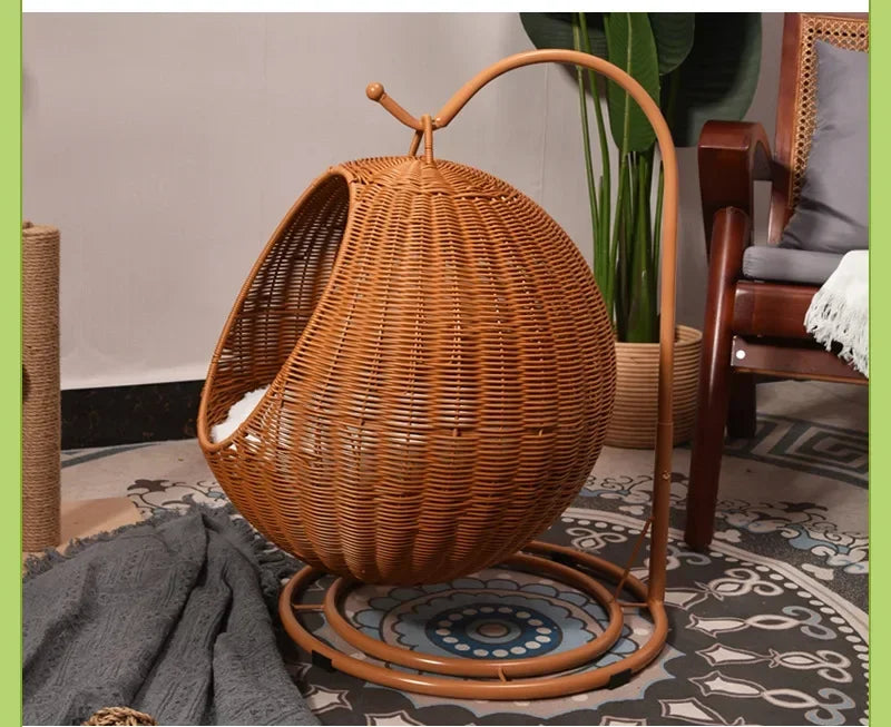 Semi-enclosed Pet Hammock Hanging Cat Nest Round Rattan Cat Cage Cat Bed with Plush Cushion Pet Cradle Bed Cat Accessories