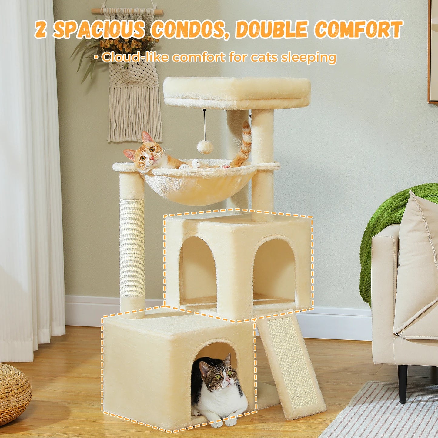 Large Cat Tree for Indoor Cats, Multi-Level Cat Tower with Sisal Scratching Post, 2 Spacious Condos, Cat Scratching Pad, Cat Toys