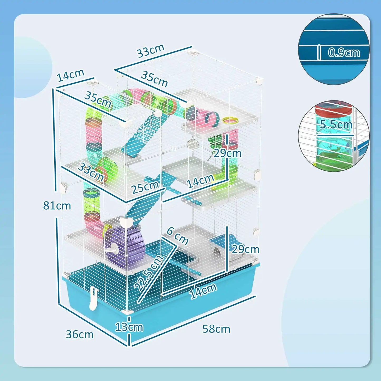 Hamster cage, 6-tier small animal cage with tunnel, hut, exercise wheel, food bowl, water bottle, ramp, 58 x 36 x 81 cm