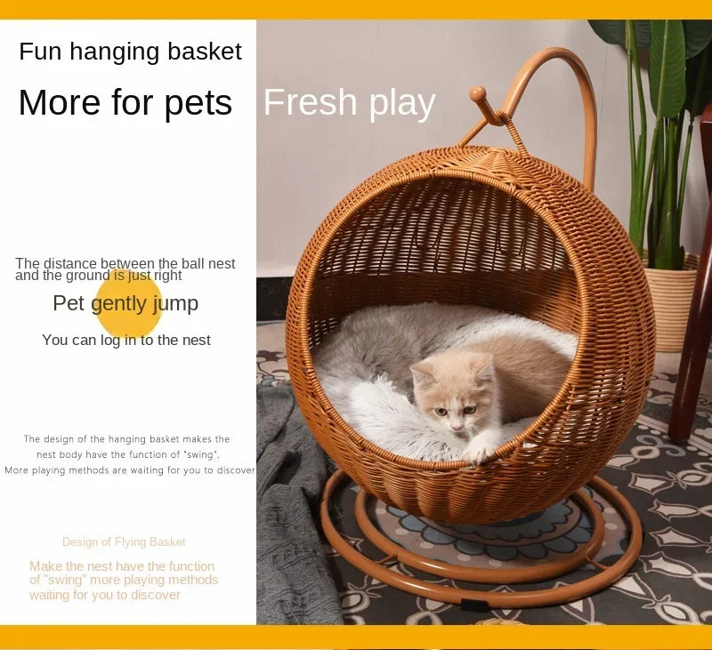 Semi-enclosed Pet Hammock Hanging Cat Nest Round Rattan Cat Cage Cat Bed with Plush Cushion Pet Cradle Bed Cat Accessories