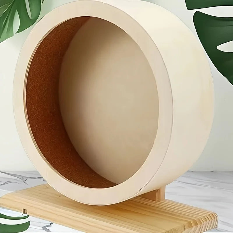 Wooden Silent Hamster Wheel with Stand Natural Wood Exercise Spinner for Chinchillas/Hedgehogs/Ferrets, Anti-Slip Non-Ejection