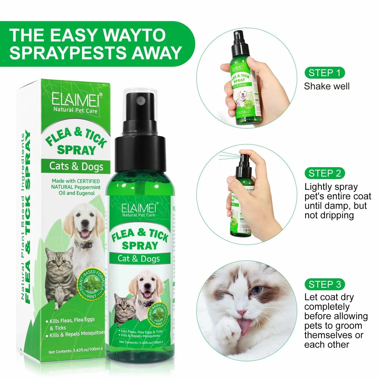 100ml PET Flea Tick Spray for Dogs Cats Fresh Fragrance Natural Pet Care Topical Spray for Dog Cat Accessories Cleaning Products