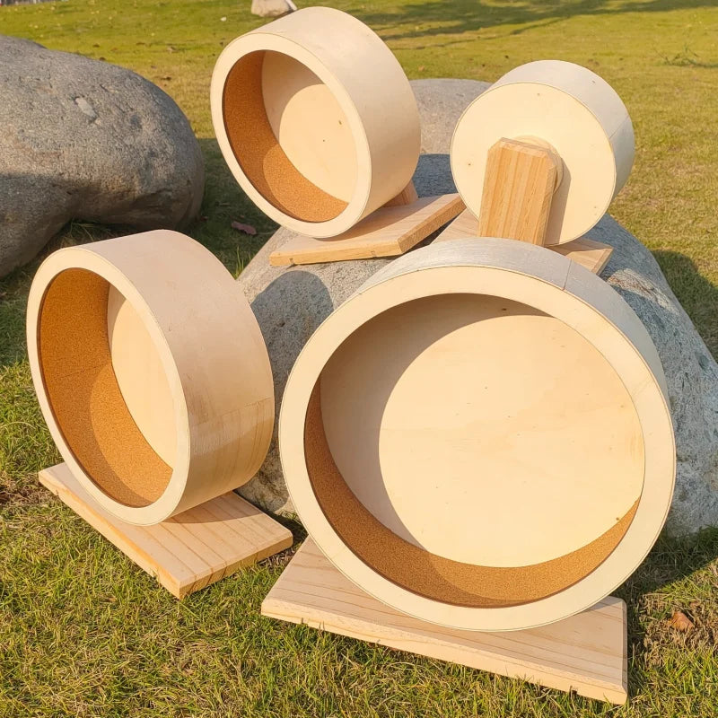 Wooden Silent Hamster Wheel with Stand Natural Wood Exercise Spinner for Chinchillas/Hedgehogs/Ferrets, Anti-Slip Non-Ejection