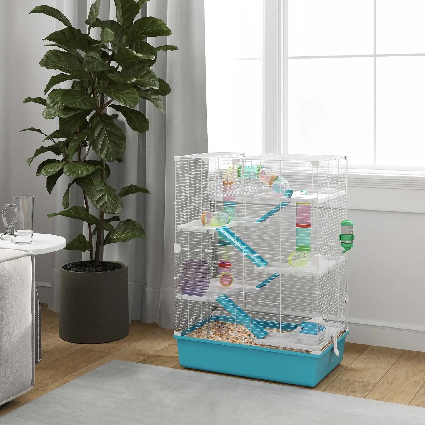 Hamster cage, 6-tier small animal cage with tunnel, hut, exercise wheel, food bowl, water bottle, ramp, 58 x 36 x 81 cm