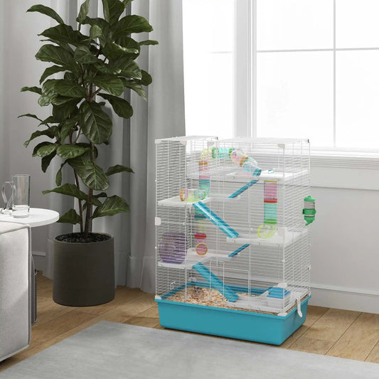 Hamster cage, 6-tier small animal cage with tunnel, hut, exercise wheel, food bowl, water bottle, ramp, 58 x 36 x 81 cm