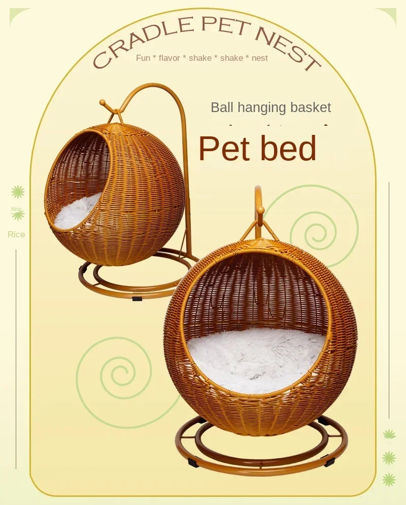 Semi-enclosed Pet Hammock Hanging Cat Nest Round Rattan Cat Cage Cat Bed with Plush Cushion Pet Cradle Bed Cat Accessories