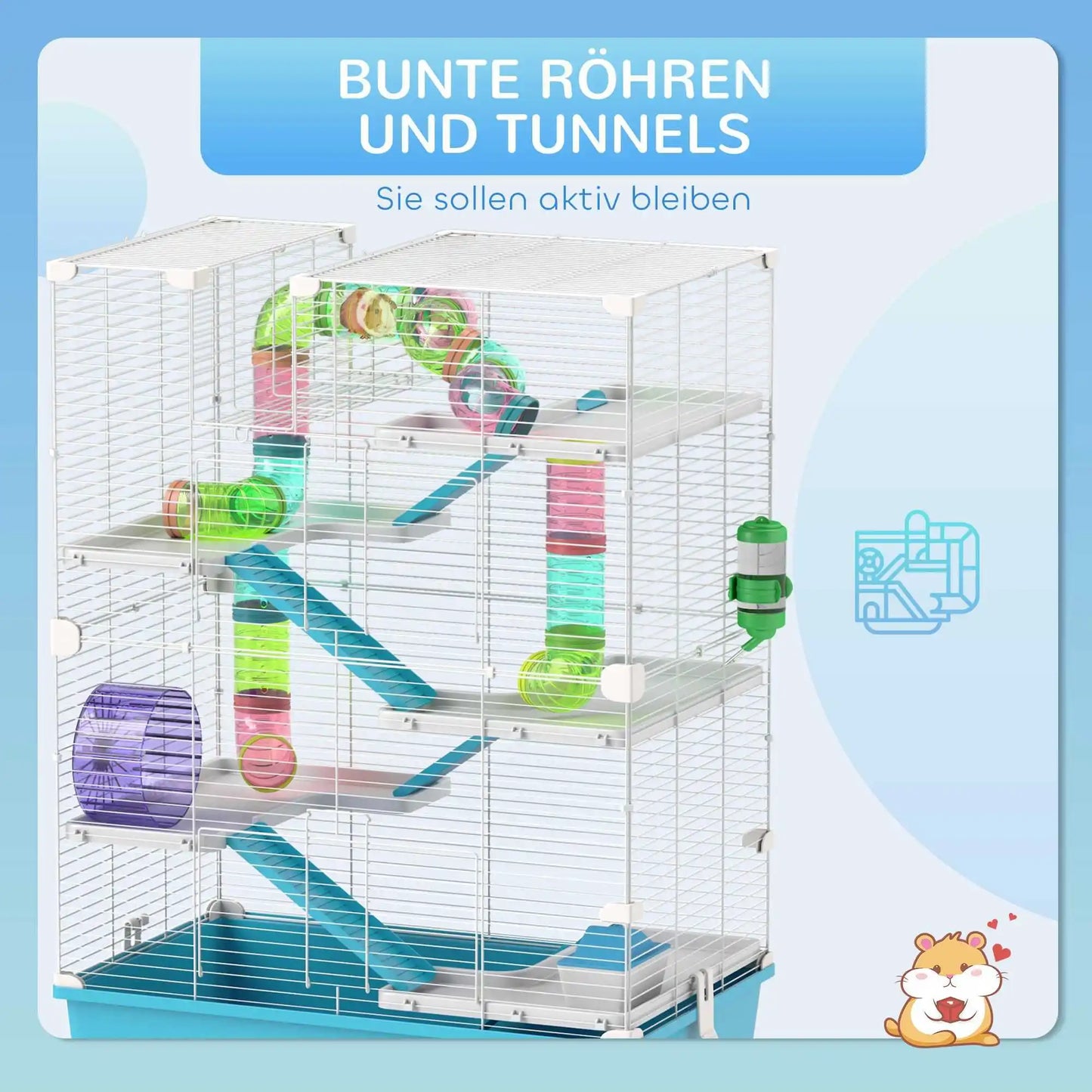 Hamster cage, 6-tier small animal cage with tunnel, hut, exercise wheel, food bowl, water bottle, ramp, 58 x 36 x 81 cm