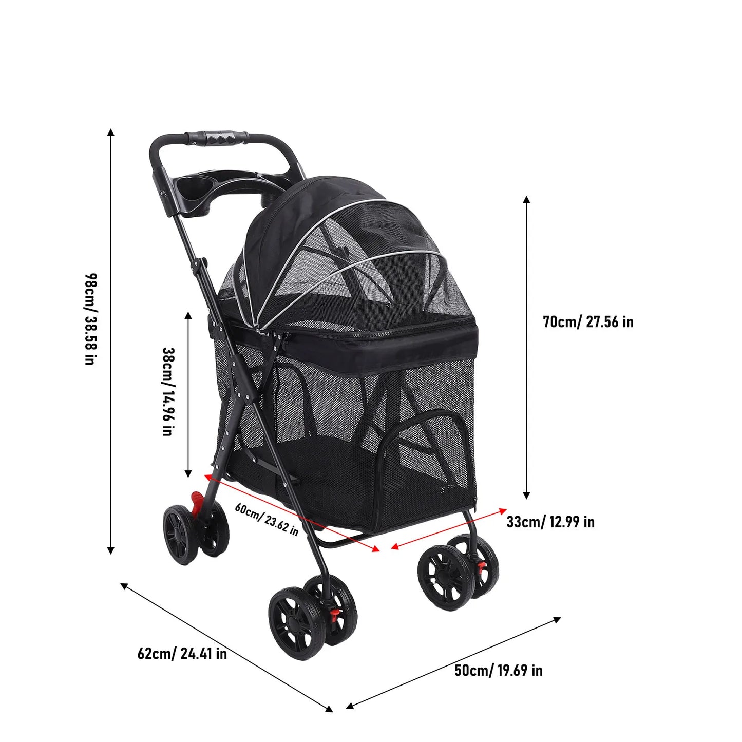 Pet Stroller One Click Folding Cat Stroller 4 Wheels Dog Wagon with Sun Shades and Cup Holder for Travel