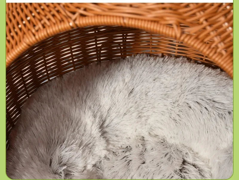 Semi-enclosed Pet Hammock Hanging Cat Nest Round Rattan Cat Cage Cat Bed with Plush Cushion Pet Cradle Bed Cat Accessories