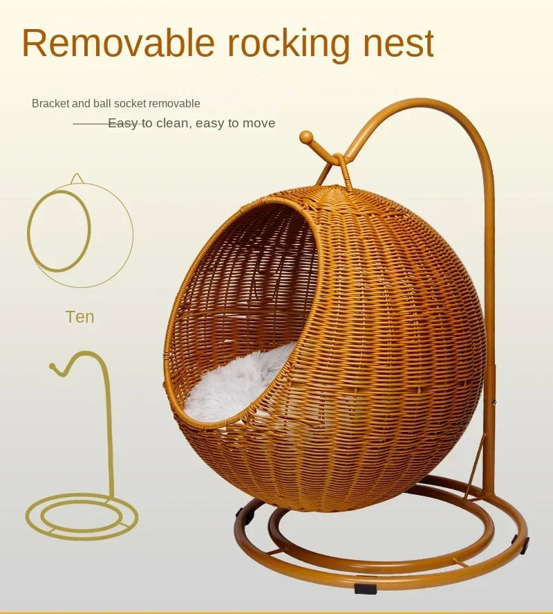 Semi-enclosed Pet Hammock Hanging Cat Nest Round Rattan Cat Cage Cat Bed with Plush Cushion Pet Cradle Bed Cat Accessories