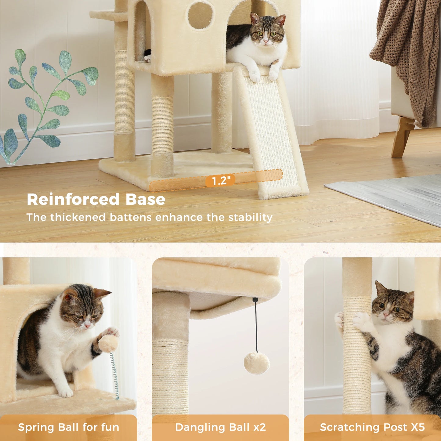 Large Cat Tree for Indoor Cats, Multi-Level Cat Tower with Scratching Posts, Padded Perches, Plush Cat Condo, Cat Accessories